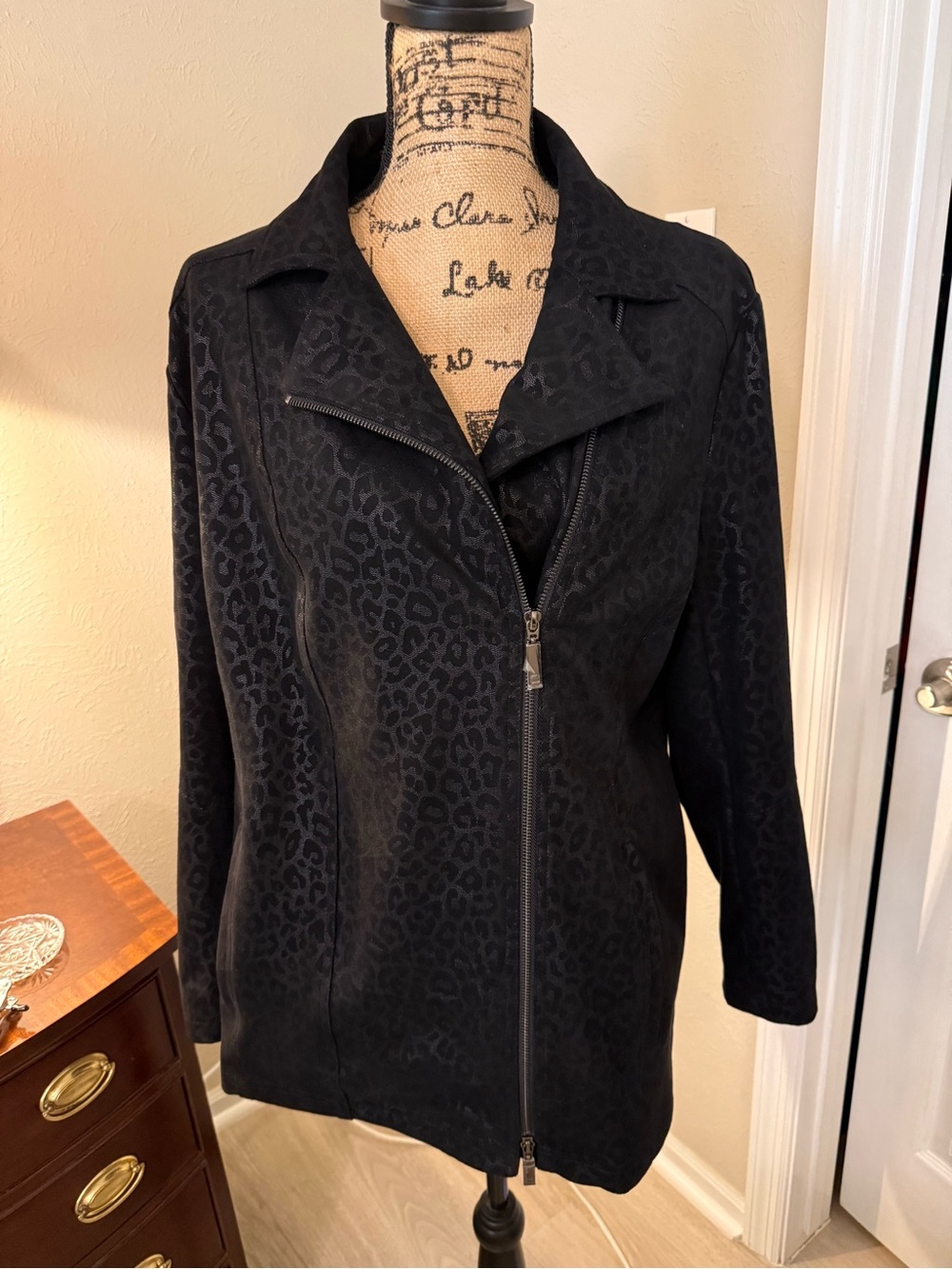 Chico's Black Leopard Jacquard Moto Jacket